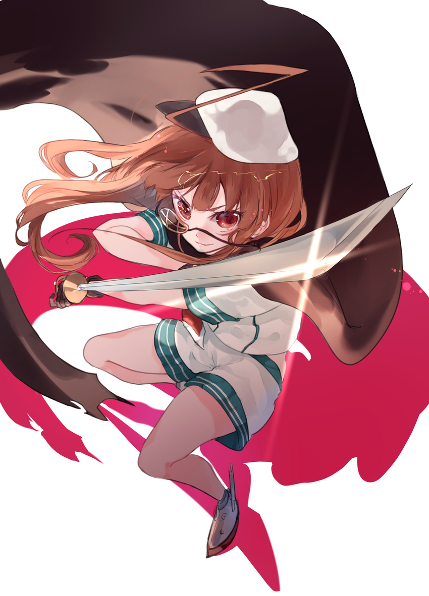 absurdres ahoge brown_hair cape cosplay eyepatch eyepatch_removed fighting_stance full_body hat highres horizontal_stripes kantai_collection kiso_(kantai_collection) kiso_(kantai_collection)_(cosplay) kuma_(kantai_collection) light long_hair miwano_ragu pose red_eyes saber_(weapon) school_uniform serafuku shadow shoes short_sleeves shorts simple_background smile solo striped sword weapon