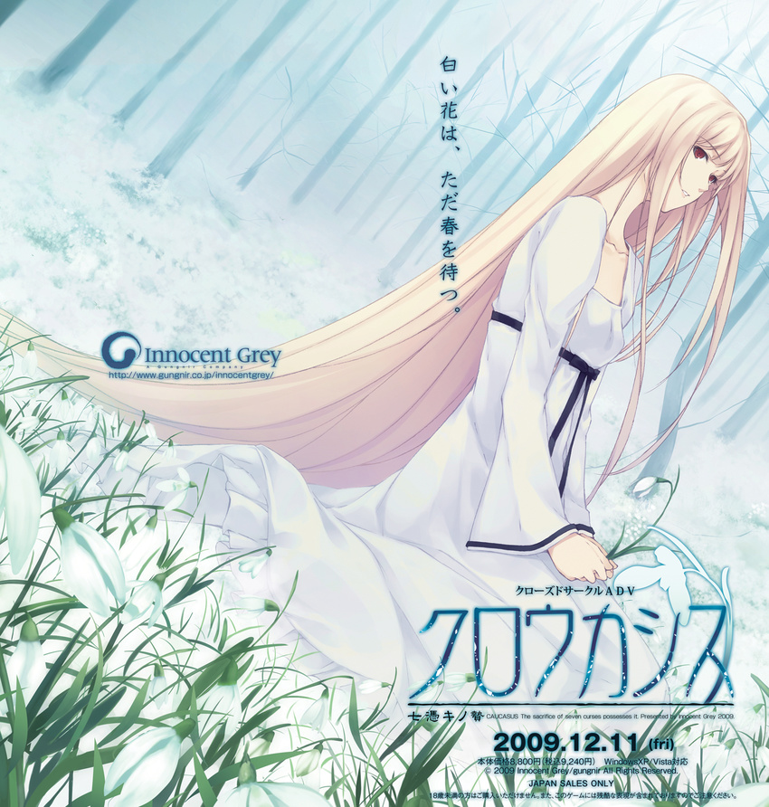 blonde_hair caucasus dress engrish flower highres long_hair nanatsuki_shion nature ranguage red_eyes sitting snowdrop_(flower) solo sugina_miki translated very_long_hair