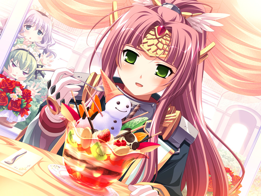 :&lt; against_glass ahoge antenna_hair blush flower food fork game_cg gloves gouen_no_soleil green_eyes highres ice_cream_cone inuu_ruru multiple_girls nekonuma_nene no_pupils parfait pocky ponytail red_hair rokushiki_ouka saeki_hokuto sitting spoon table tablecloth white_gloves wrist_cuffs