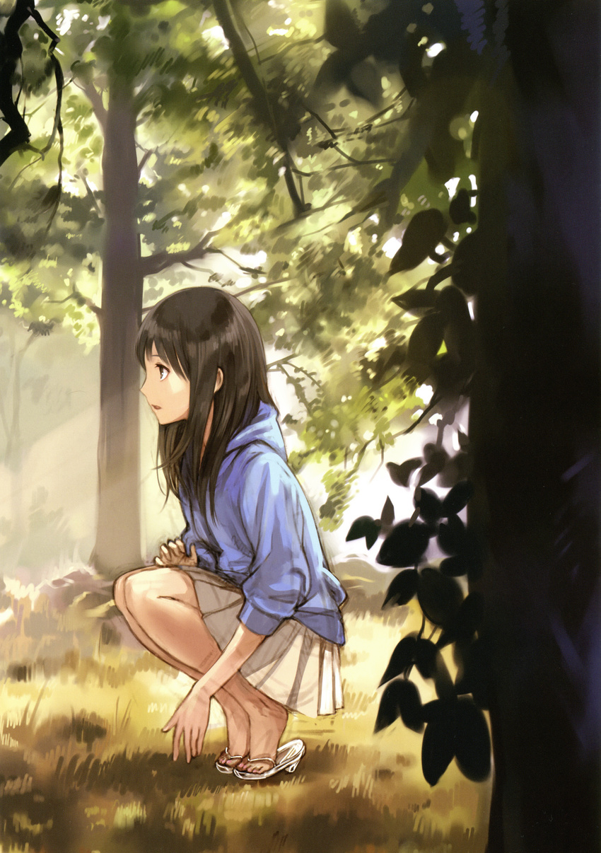 absurdres black_hair feet forest grass hands highres hood hood_down hoodie kishida_mel legs long_hair nature open_mouth original pleated_skirt sandals skirt sleeves_pushed_up smile solo squatting sunlight tree
