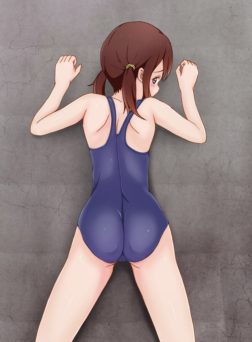 ass azusa_(sukumizuya) blue_eyes brown_hair from_behind highres long_hair one-piece_swimsuit original school_swimsuit solo swimsuit twintails