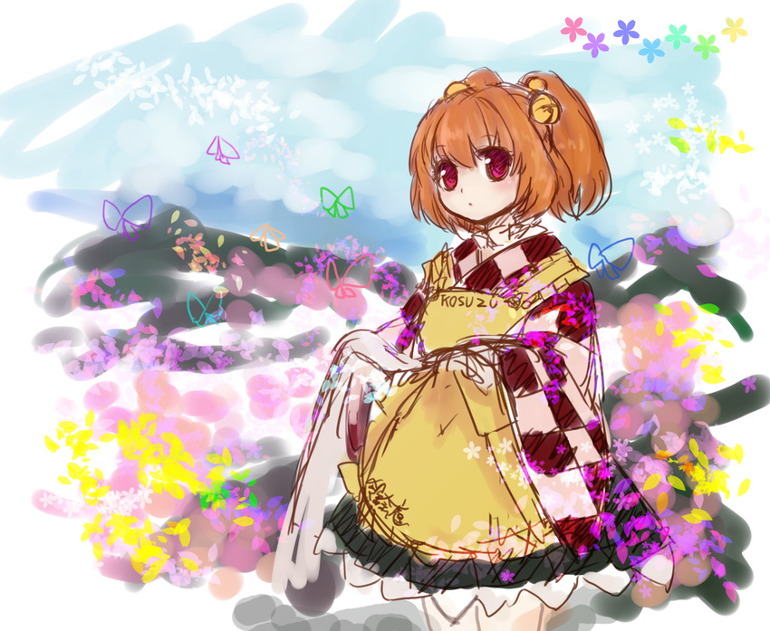apron bell bug butterfly checkered checkered_clothing hair_bell hair_ornament highres insect moni_(credo) motoori_kosuzu red_eyes red_hair sketch solo touhou two_side_up