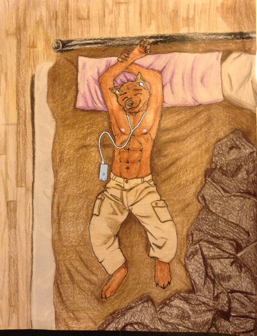 abs bed brown_fur canine clothed clothing fur green_eyes headphones ipod mammal music pants topless werew0lfyiff wolf