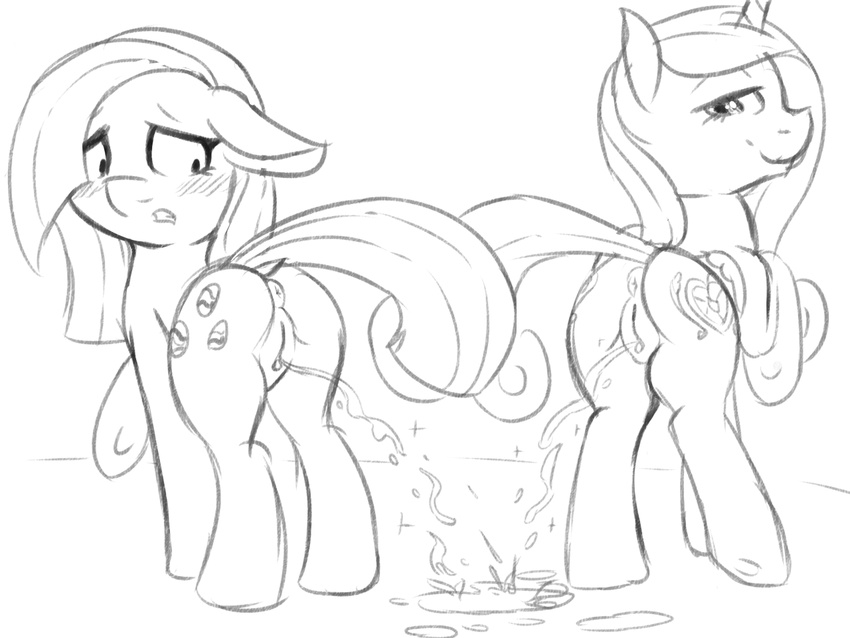 2016 anus blush butt cutie_mark duo earth_pony equine fearingfun female feral friendship_is_magic hair hooves horn horse long_hair looking_at_viewer mammal marble_pie_(mlp) monochrome my_little_pony peeing pony princess_cadance_(mlp) pussy smile urine watersports winged_unicorn wings