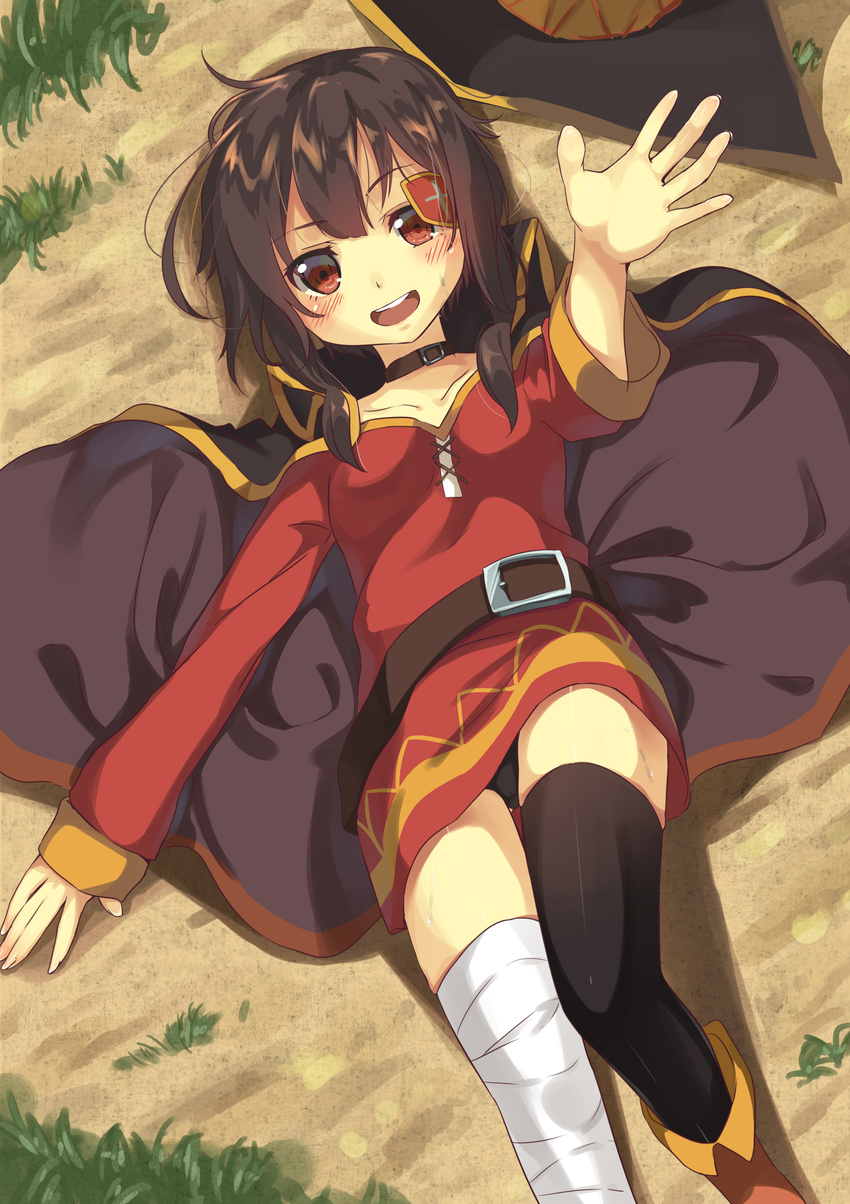 absurdres ayataka bandages belt black_legwear blush brown_hair cape collar dress eyepatch eyepatch_lift hat hat_removed headwear_removed highres kono_subarashii_sekai_ni_shukufuku_wo! looking_at_viewer lying megumin on_back open_mouth outstretched_arm red_eyes short_hair single_thighhigh solo thighhighs witch_hat