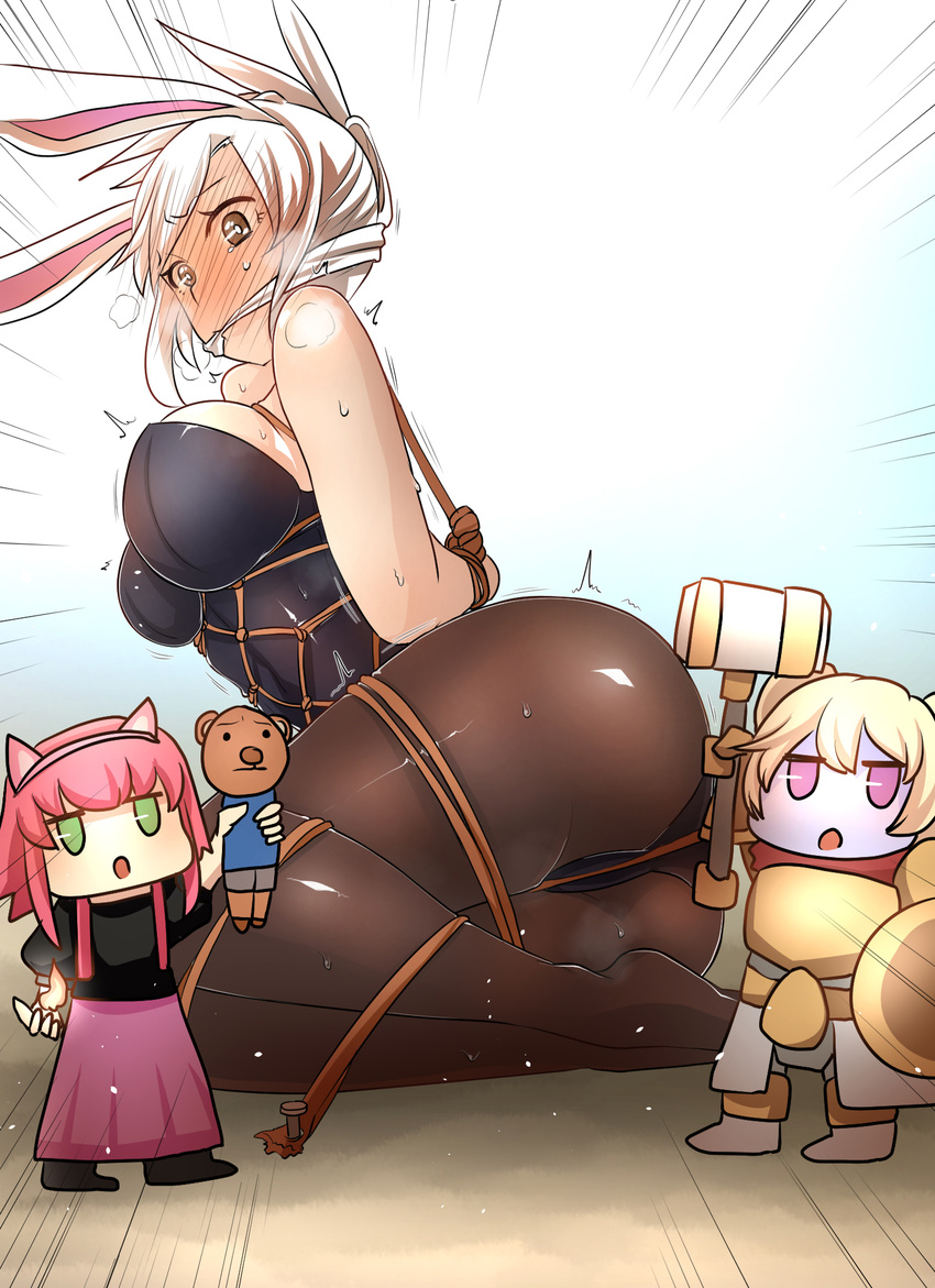 animal_ears annie_hastur arms_behind_back ass battle_bunny_riven bdsm blonde_hair blush bondage bound bound_arms breasts brown_eyes bunny_ears bunnysuit chibi cleave_gag cloth_gag gag gag_manga_biyori gagged high_ponytail highres improvised_gag kuma_(gyagu_manga_biyori) kumakichi_(character) large_breasts league_of_legends moonjunk multiple_girls pink_hair poppy riven_(league_of_legends) shibari shibari_over_clothes sweat tears trembling twintails white_hair