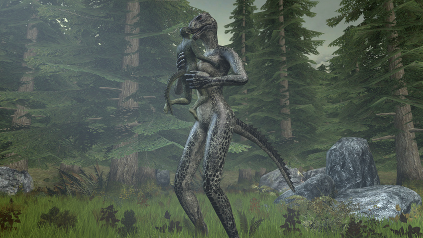 2016 3d_(artwork) anthro anthrofied argonian big_breasts breast_grab breasts cgi cloud day detailed_background digital_media_(artwork) duo embrace female forest fox_whisper85 grass hand_on_breast hi_res hug larger_female licking male nude outside reptile rock scalie sharp_teeth size_difference skyrim smaller_male source_filmmaker standing teeth the_elder_scrolls tongue tongue_out tree video_games