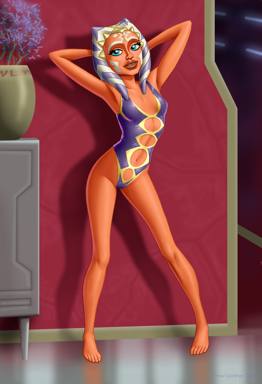 absurd_res ahsoka_tano alien blue_eyes clothing drew_gardner female hi_res humanoid lips navel not_furry orange_skin solo star_wars swimsuit togruta