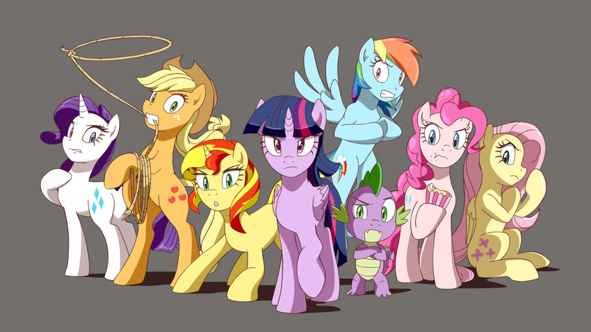 2016 applejack_(mlp) deannart dragon equestria_girls equine female fluttershy_(mlp) friendship_is_magic grey_background group hi_res horn horse lasso looking_at_viewer mammal my_little_pony pegasus pinkie_pie_(mlp) pony rainbow_dash_(mlp) rarity_(mlp) rope simple_background spike_(mlp) sunset_shimmer_(eg) twilight_sparkle_(mlp) unicorn winged_unicorn wings