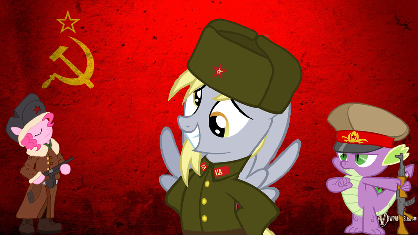 blonde_hair clothing derpy_hooves_(mlp) dragon earth_pony equine female feral friendship_is_magic fur grey_fur gun hair hammer_and_sickle hat hi_res horse male mammal my_little_pony pegasus pink_hair pinkie_pie_(mlp) pony ranged_weapon russia russian scalie soviet_union spike_(mlp) weapon wings