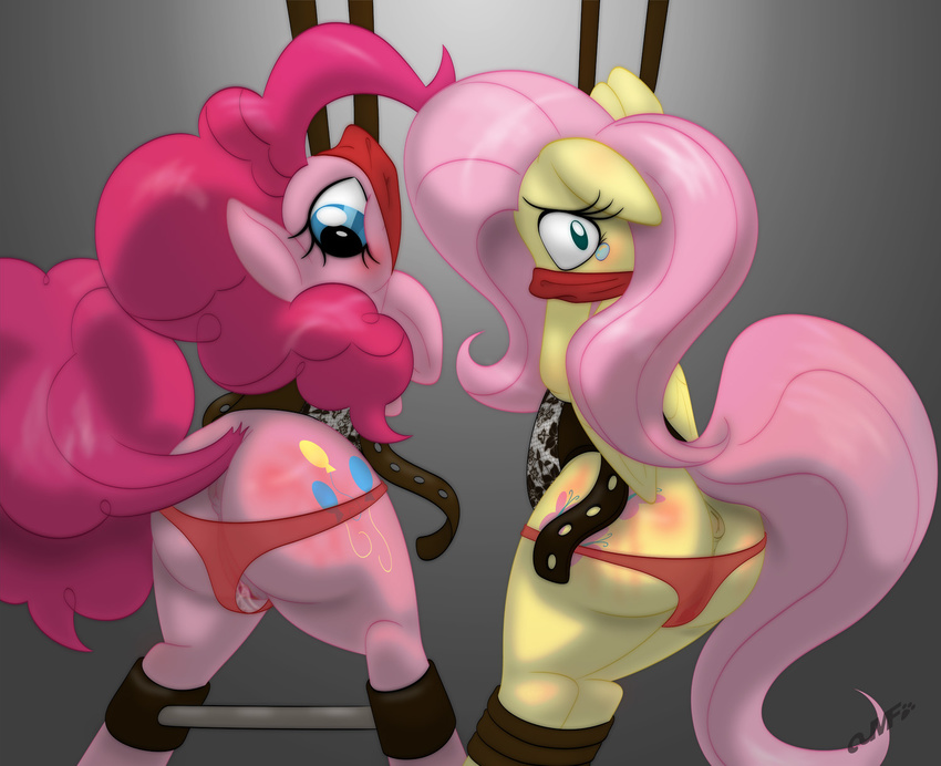 2015 animal_genitalia animal_pussy anus bdsm blue_eyes blush bondage bound clothing crying cutie_mark duo earth_pony equine equine_pussy feathered_wings feathers female fluttershy_(mlp) friendship_is_magic fur gag grey_background hair hi_res horse looking_at_viewer mammal miniferu my_little_pony panties pegasus pink_fur pink_hair pinkie_pie_(mlp) pony pussy pussy_juice rope simple_background spreader_bar tears underwear wings yellow_feathers yellow_fur