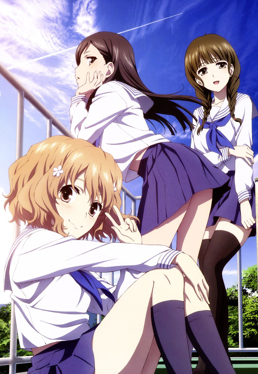 black_legwear blue_legwear blue_skirt braid brown_eyes brown_hair day hair_ornament hanasaku_iroha head_on_hand highres imageboard_sample ishii_yuriko jpeg_artifacts light_brown_hair long_hair matsumae_ohana multiple_girls open_mouth oshimizu_nako outdoors pleated_skirt shirt skirt smile socks thighhighs tsurugi_minko twin_braids v wavy_hair white_shirt zettai_ryouiki