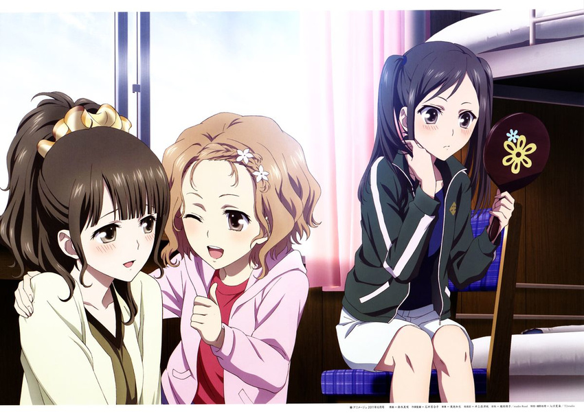 alternate_hairstyle black_hair brown_eyes eye_contact forehead hair_ornament hanasaku_iroha imageboard_sample indoors jpeg_artifacts long_hair looking_at_another looking_at_mirror matsumae_ohana mirror multiple_girls one_eye_closed open_mouth oshimizu_nako shorts sitting smile suzuki_misaki_(animator) thumbs_up tsurugi_minko twintails wavy_hair white_shorts