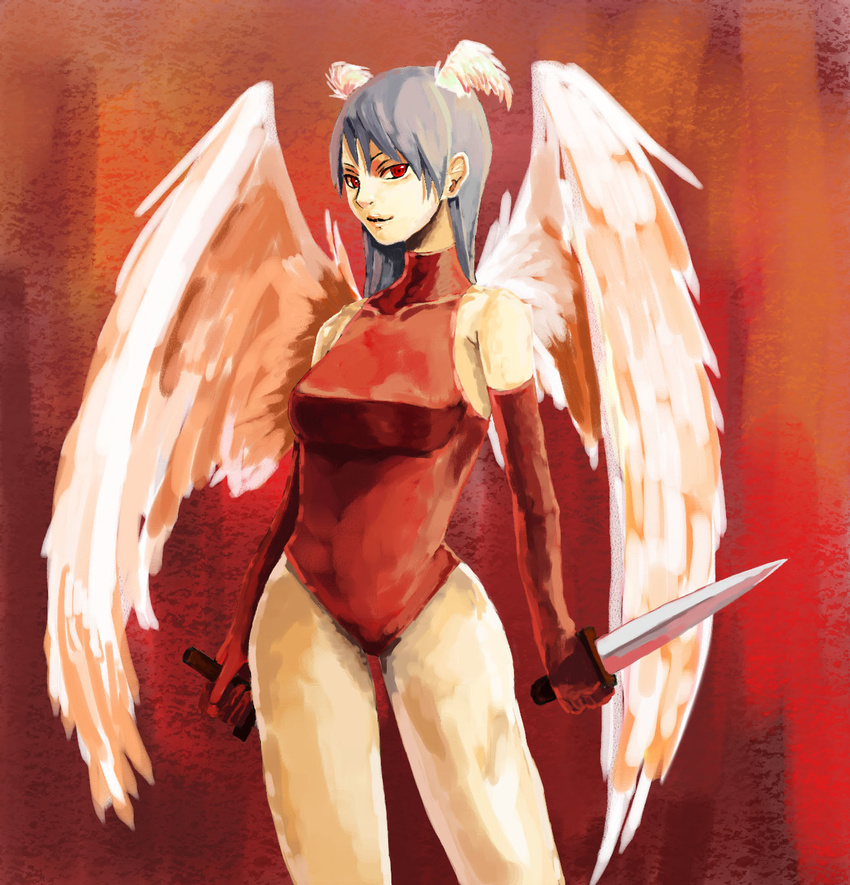 angel_wings armpits bare_shoulders breasts closed_mouth collarbone contrapposto dagger dual_wielding elbow_gloves feathered_wings final_fantasy final_fantasy_tactics gloves head_wings highres holding holding_weapon large_breasts legs_apart leotard long_hair red_eyes red_gloves sachiwo silver_hair skin_tight smirk solo standing sword turtleneck ultima_(fft) weapon white_hair white_wings wings