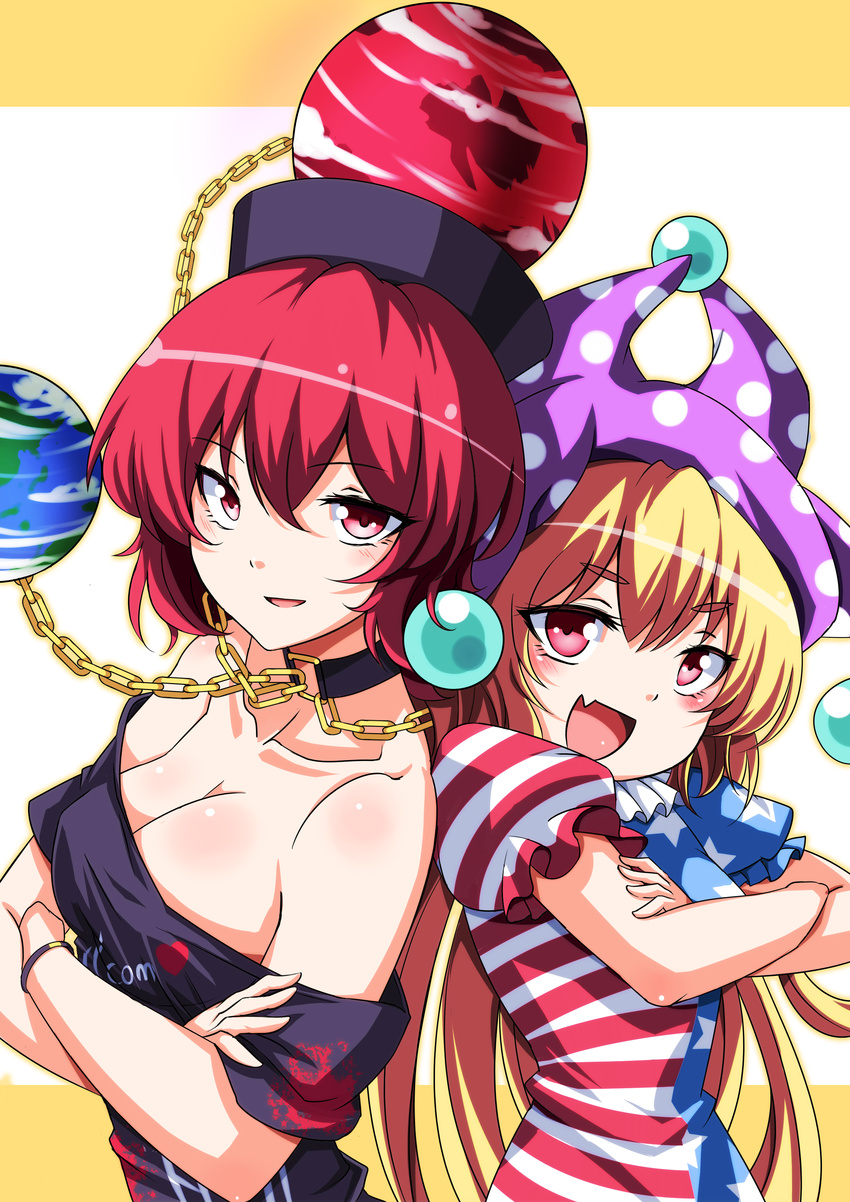 :d absurdres american_flag_dress bangs bare_shoulders belt blonde_hair blush bracelet breasts chain cleavage clothes_writing clownpiece collar crossed_arms earth eyebrows eyebrows_visible_through_hair eyelashes fangs frills hair_between_eyes hat heart hecatia_lapislazuli highres jester_cap jewelry koissa large_breasts long_hair looking_at_viewer multiple_girls neck_ruff no_wings off_shoulder open_mouth polka_dot polka_dot_hat polos_crown puffy_short_sleeves puffy_sleeves red_eyes red_hair short_sleeves side-by-side smile sphere star star_print touhou upper_body