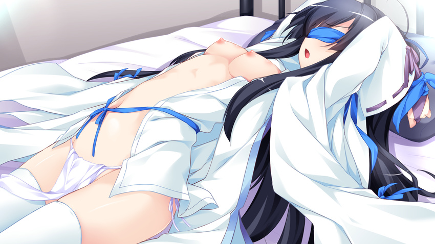 arched_back arms_up black_hair blindfold blue_blindfold blue_ribbon bound bound_wrists breasts fujiwara_warawara fundoshi game_cg harukaze_sensation! highres japanese_clothes kannagi_isuzu kimono long_hair lying nipples on_back on_bed open_clothes open_kimono open_mouth pillow ribbon ribbon-trimmed_sleeves ribbon_trim small_breasts solo thighhighs very_long_hair white_kimono white_legwear