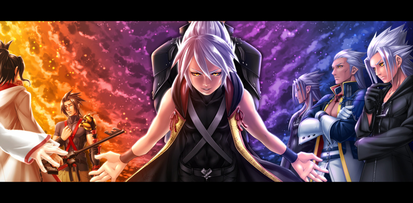 ansem_seeker_of_darkness back-to-back banana_gyuunyuu black_coat black_coat_(kingdom_hearts) black_hair closed_eyes commentary_request crossed_arms crying dark_skin dark_skinned_male eraqus gloves keyblade kingdom_hearts kingdom_hearts_3d_dream_drop_distance kingdom_hearts_birth_by_sleep kingdom_hearts_i kingdom_hearts_ii kingdom_hearts_iii long_image male_focus master_eraqus master_xehanort md5_mismatch multiple_boys multiple_persona outstretched_arms parted_lips popped_collar spread_arms terra_(kingdom_hearts) white_hair wide_image wristband xehanort xemnas younger