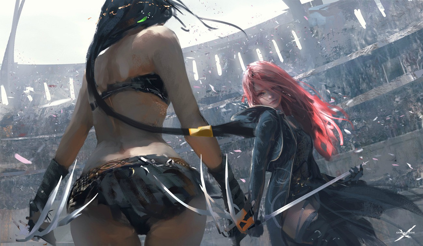 back battle black-haired_girl_(wlop) black_hair colosseum duel ghostblade holding holding_weapon long_hair midriff multiple_girls ponytail red_eyes red_hair skirt smile thighhighs weapon wlop