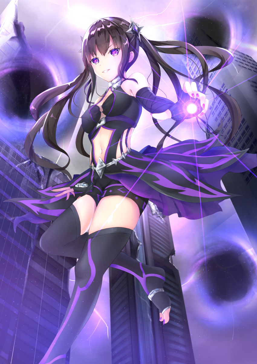 1girl absurdres black_hair black_legwear black_shorts black_sleeves breasts detached_sleeves fingerless_gloves floating_hair gloves hair_ornament highres long_hair long_sleeves looking_at_viewer magic medium_breasts midriff nail_polish navel original parted_lips purple_eyes purple_nails red_nails sachi_(160332) shiny shiny_hair short_shorts shorts solo standing standing_on_one_leg stomach thighhighs toenail_polish twintails very_long_hair