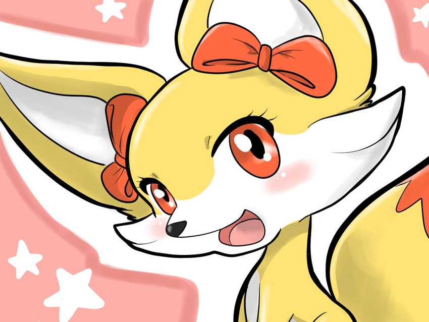 big_ears blaze blush bow female fennekin feral fur looking_at_viewer lulu_(artist) nintendo open_mouth pok&eacute;mon portrait simple_background smile solo tongue video_games yellow_fur