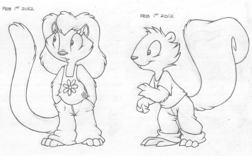 2012 anthro barefoot buckteeth buttonverse cat clothing cub feline female greyscale hands_in_pockets hi_res looking_away madeline_(buttonverse) male mammal mizzyam monochrome multiple_images pants pencil_(artwork) rickie_squirrel rodent shirt simple_background smile solo squirrel standing tank_top teeth traditional_media_(artwork) white_background young