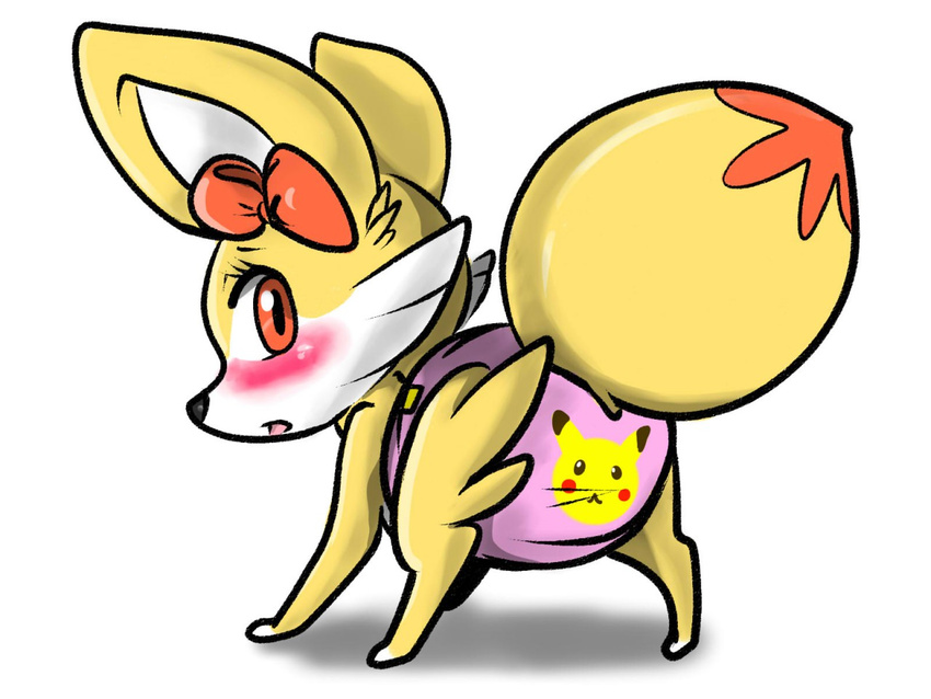 big_ears blaze blush bow diaper embarrassed female fennekin feral fur looking_at_viewer lulu_(artist) nintendo orange_eyes pikachu pok&eacute;mon rear_view simple_background solo video_games yellow_fur