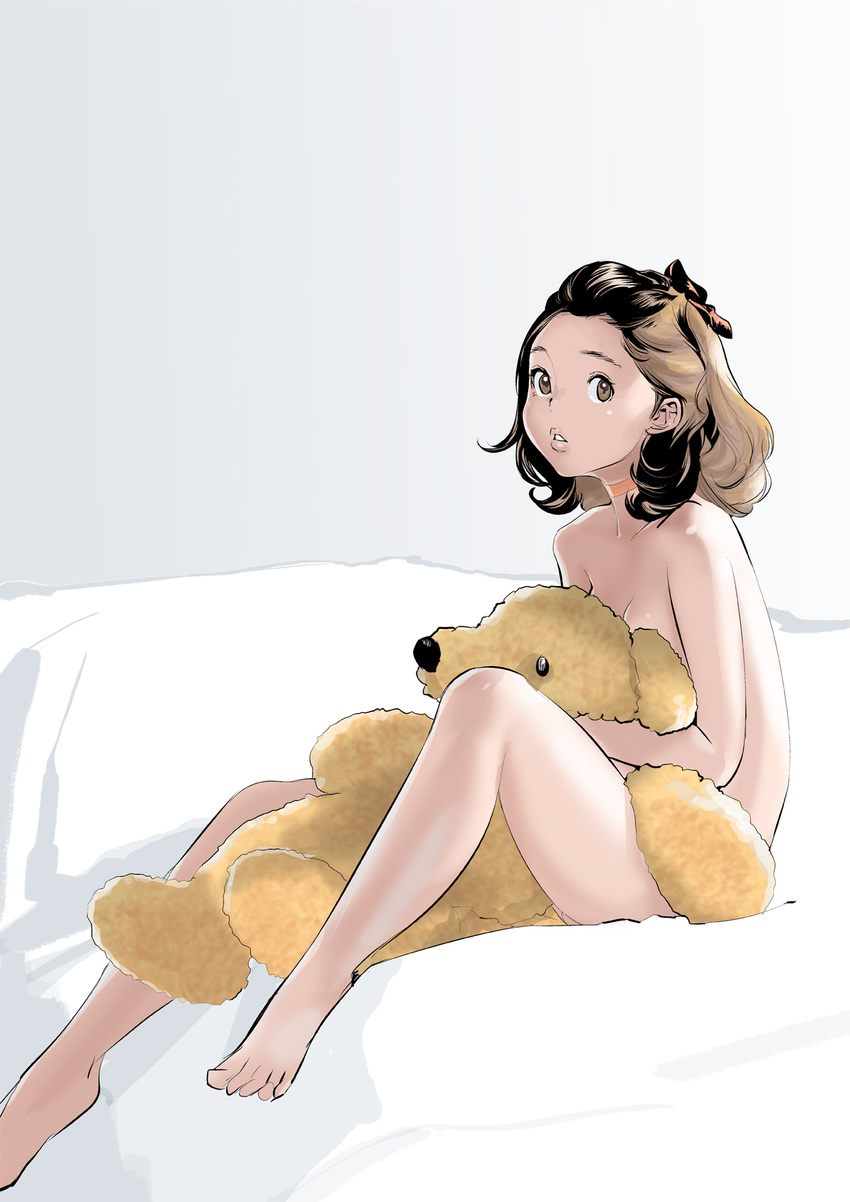 barefoot bow brown_eyes brown_hair choker curly_hair dytm full_body hair_bow highres looking_at_viewer nude original parted_lips short_hair sitting solo stuffed_toy
