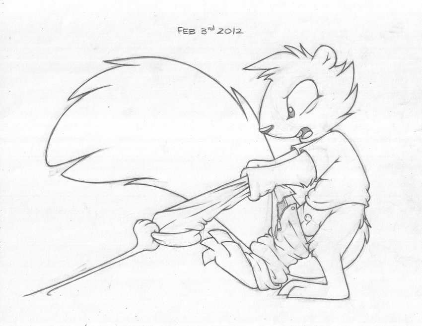 2012 animal_genitalia annoyed anthro balls barefoot bottomless buckteeth buttonverse clothed clothing cub disembodied_hand greyscale hi_res male mammal mizzyam monochrome open_mouth pants pants_around_one_leg pantsing pencil_(artwork) pulling rickie_squirrel rodent sheath simple_background solo squirrel standing teeth traditional_media_(artwork) tugging white_background young