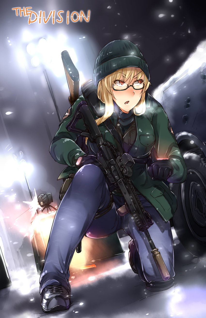 assault_rifle ayyh blonde_hair breath bullet_hole car checking_watch copyright_name eotech firing foregrip glasses gloves green_jacket ground_vehicle gun heckler_&amp;_koch highres hk416 holster jacket knee_pads motor_vehicle one_knee open_mouth red_eyes rifle snow snowing solo suppressor thigh_holster tom_clancy's_the_division turret watch weapon winter