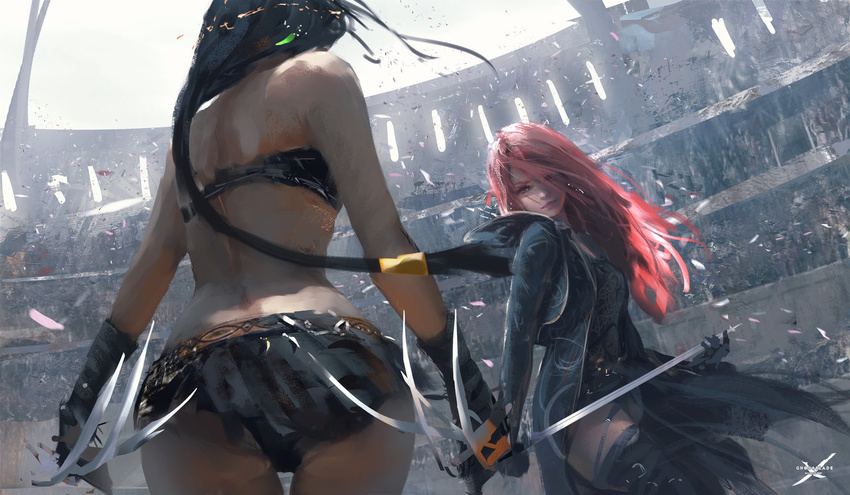 back battle black-haired_girl_(wlop) black_hair duel ghostblade holding holding_weapon long_hair midriff multiple_girls ponytail red_eyes red_hair skirt smile thighhighs weapon wlop