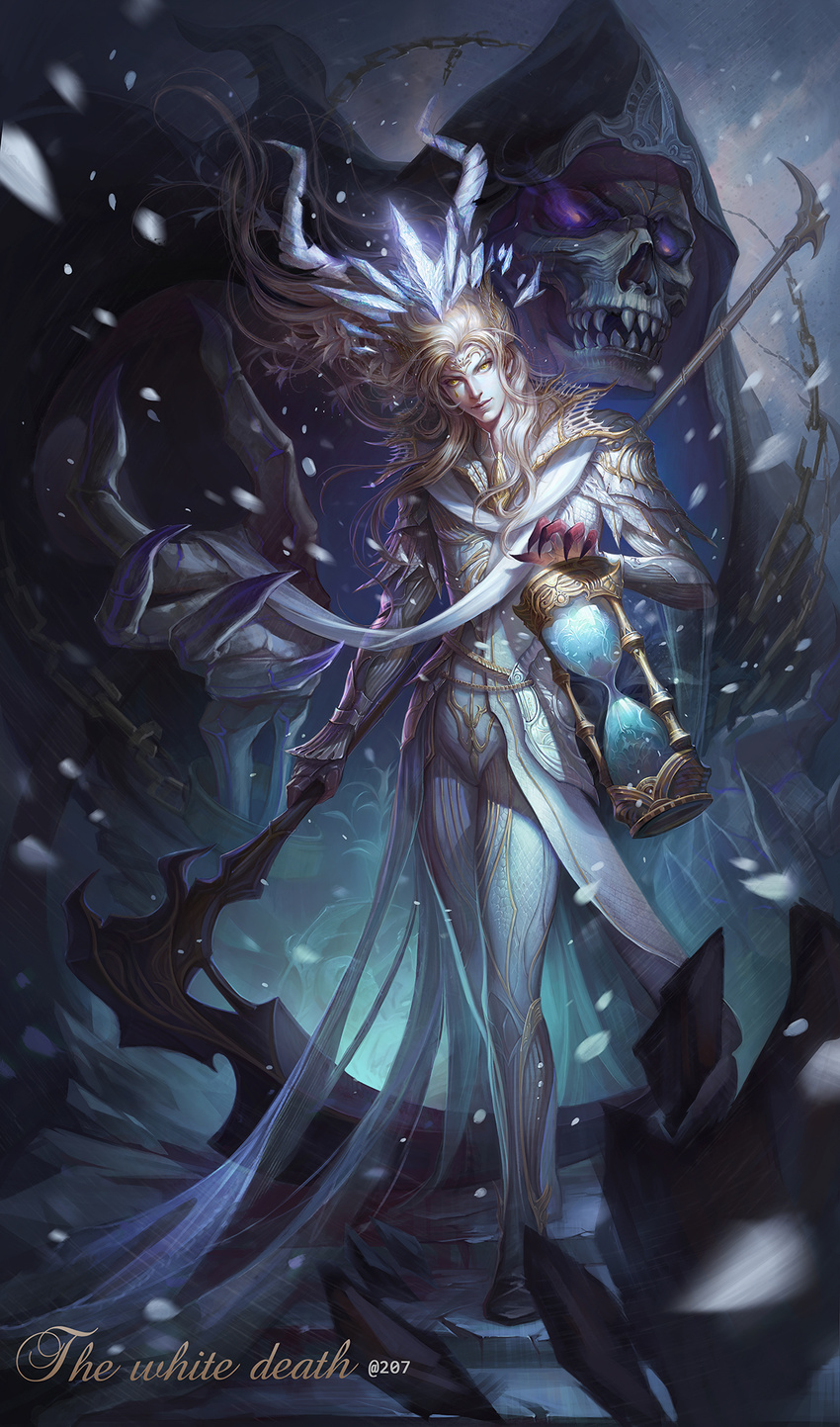 207 armor artist_name blonde_hair chain claws cloak crown death_(entity) english full_body highres holding horns hourglass ice long_hair male_focus original scarf scythe skeleton smile snow standing teeth yellow_eyes