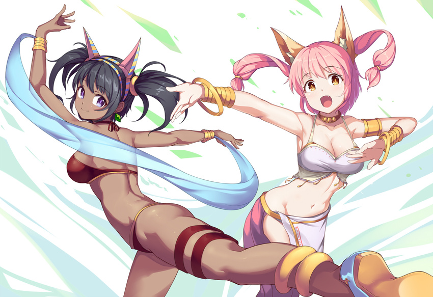 animal_ears anklet arm_up armpits ass belt bikini bikini_top black_hair bracelet bracer breasts brown_eyes cleavage dancer dancing dark_skin earrings fake_animal_ears fang foreshortening fox_ears groin hairband jewelry kotri_(rabi-ribi) leaning_forward legs loincloth long_hair looking_back medium_breasts multiple_girls navel no_tail official_art open_mouth outstretched_arm outstretched_arms pandora_(rabi-ribi) pink_hair purple_eyes rabi-ribi saiste shoes sideboob smile standing standing_on_one_leg swimsuit thigh_strap twintails veil