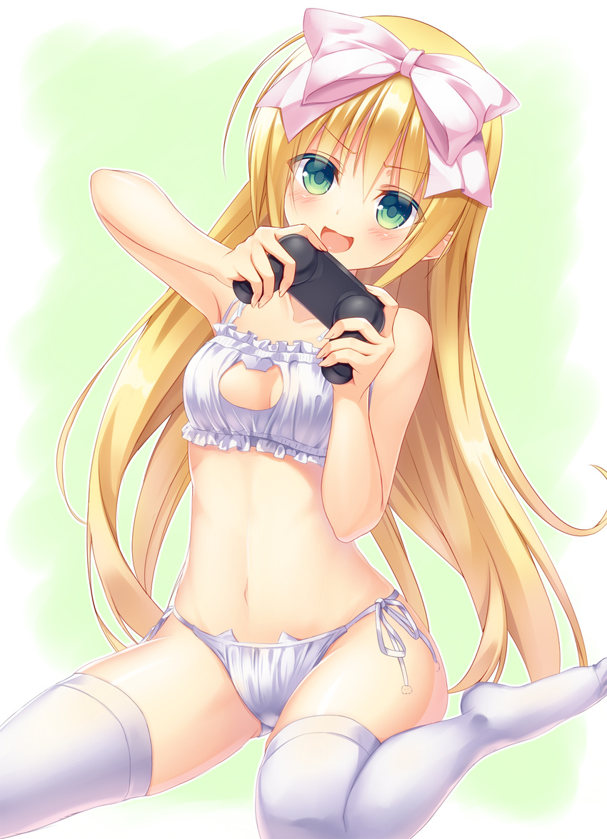 :d aqua_eyes bell bell_choker blonde_hair bow bra cat_cutout cat_ear_panties cat_lingerie choker cleavage_cutout controller dualshock game_controller gamepad hair_bow highres long_hair mafuyun meme_attire navel no_shoes open_mouth panties seitokai_no_ichizon shiina_mafuyu side-tie_panties smile solo stomach thighhighs underwear underwear_only v-shaped_eyebrows very_long_hair