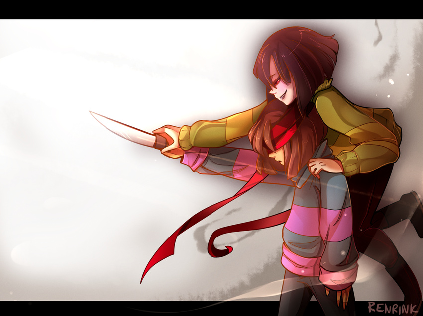 androgynous artist_name black_legwear blindfold blush boots brown_hair chara_(undertale) cowboy_shot evil_smile expressionless frisk_(undertale) from_side holding_hand knife long_sleeves md5_mismatch multiple_others pantyhose parted_lips profile red_eyes renrink short_hair smile spoilers striped striped_sweater sweater undertale