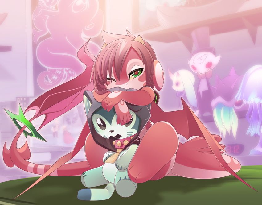 ambiguous_gender anthro bedroom clock computer dragon green_eyes hair horn one_eye_closed pink_hair plushie red_pupils ru_(rudragon) rudragon sitting wings yellow_sclera