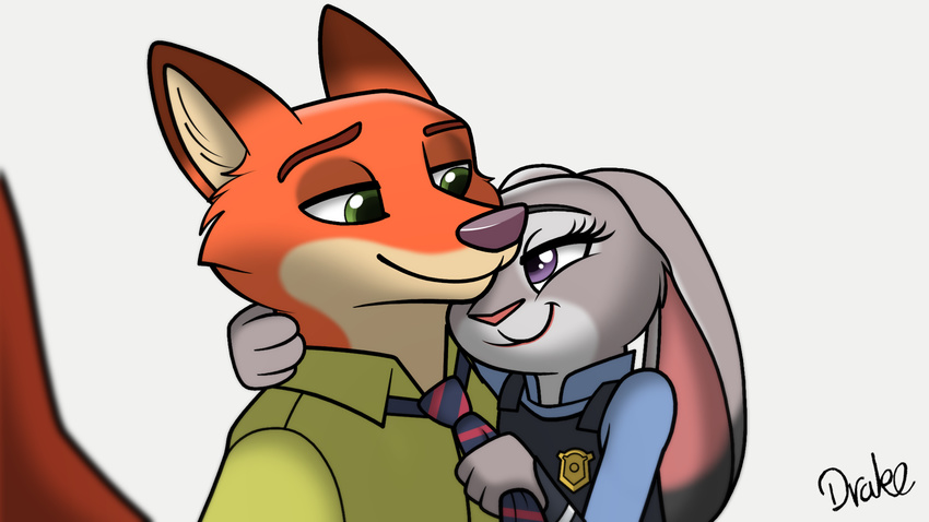 2016 anthro canine clothing disney drako1997 duo eyelashes female fox fur green_eyes grey_fur half-closed_eyes hi_res judy_hopps lagomorph long_ears male male/female mammal necktie nick_wilde orange_fur police_uniform predator/prey purple_eyes rabbit selfie simple_background smile uniform white_background zootopia