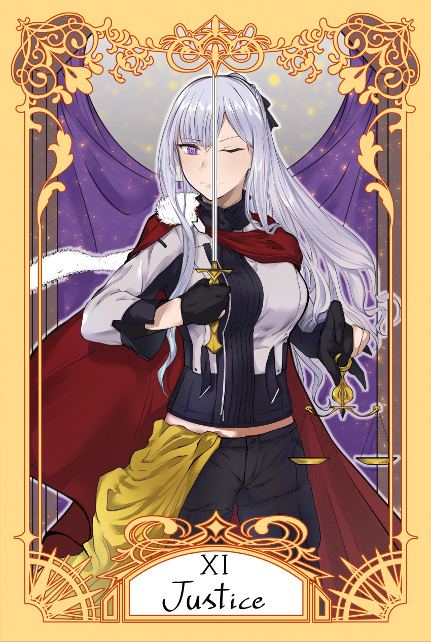 1girl absurdres ak-12_(girls_frontline) cape english_text fingerless_gloves girls_frontline gloves heart heart-shaped_pupils highres justice_(tarot_card) one_eye_closed purple_eyes purple_hair rapier roman_numerals scales solo stigmamyu sword symbol-shaped_pupils tarot weapon