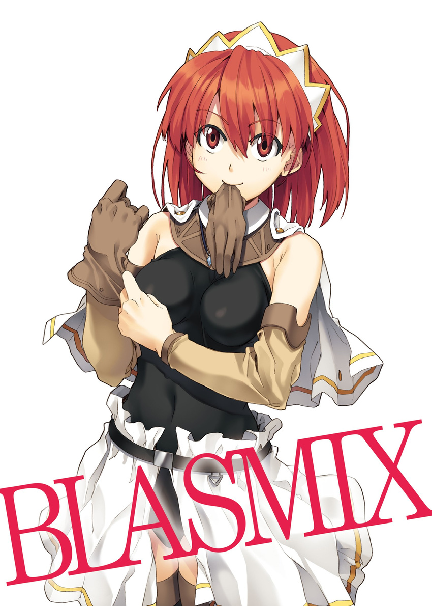 absurdres adjusting_clothes adjusting_gloves breasts cecily_cambell detached_sleeves glove_in_mouth gloves highres large_breasts leotard luna_(reclaimed_land) mouth_hold red_eyes red_hair seiken_no_blacksmith short_hair solo thighhighs