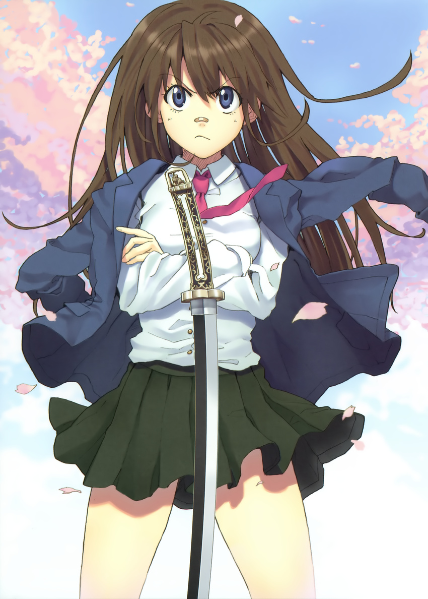 absurdres bandaid bandaid_on_nose blazer blue_eyes brown_hair cherry_blossoms crossed_arms dress_shirt frown highres jacket jacket_on_shoulders katana long_hair luna_(reclaimed_land) necktie open_clothes open_jacket original petals planted_sword planted_weapon scan school_uniform shirt skirt solo sword weapon