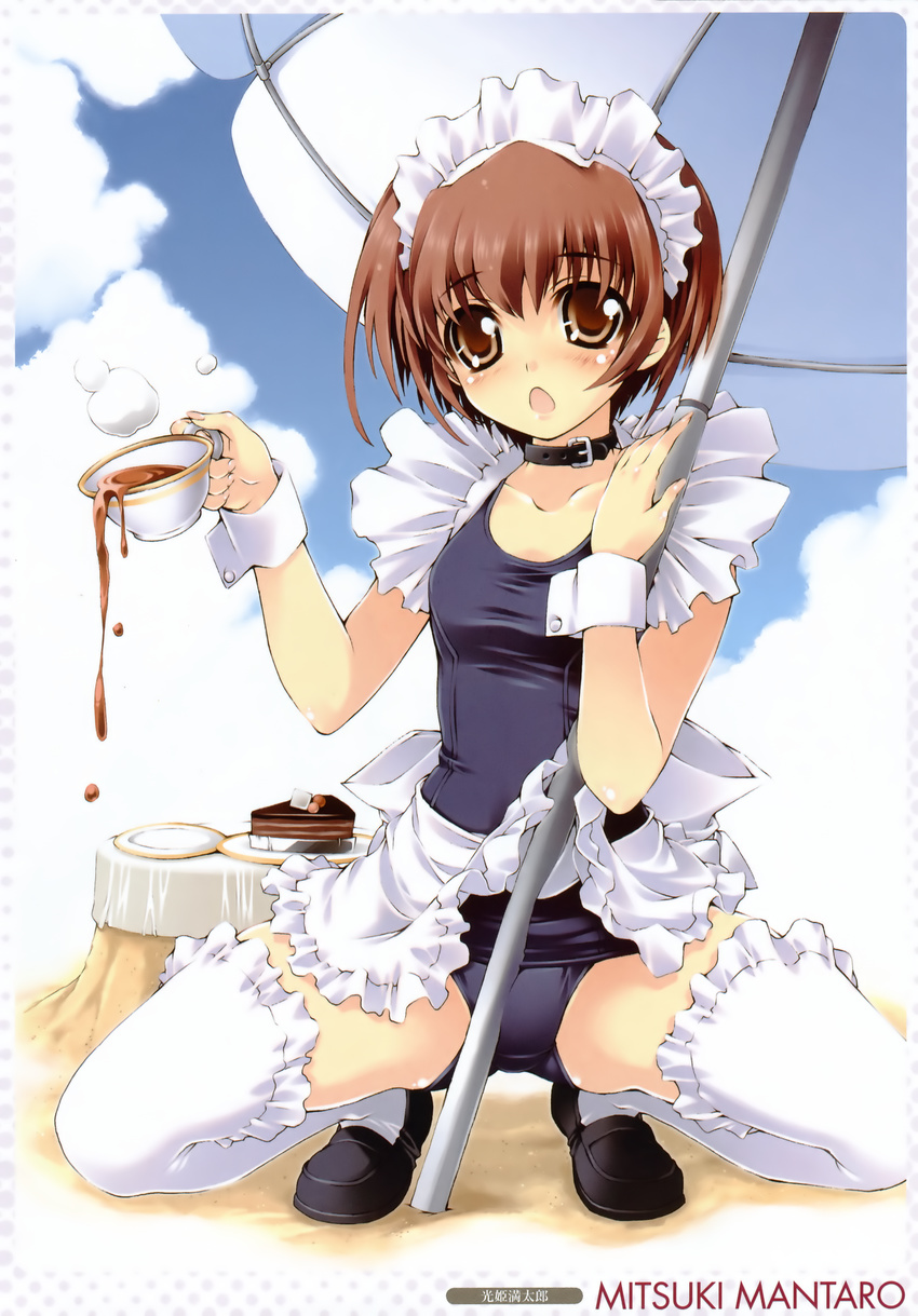 absurdres apron brown_eyes brown_hair cake collarbone copyright_request cup d: food frilled_legwear highres kneeling maid mitsuki_mantarou one-piece_swimsuit open_mouth plate school_swimsuit short_hair solo spread_legs swimsuit teacup thighhighs umbrella wrist_cuffs