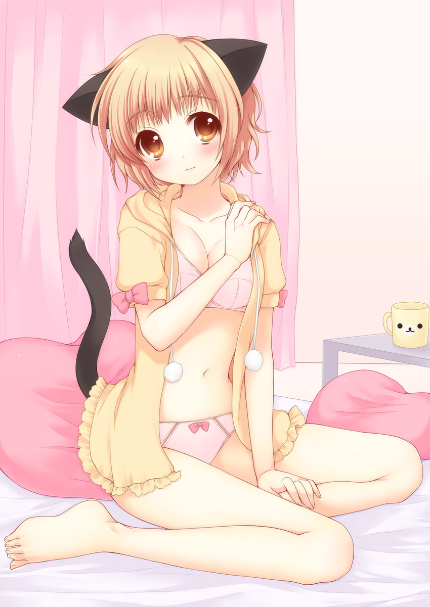 :3 animal_ears barefoot bed blonde_hair blush bow bow_panties bra breasts cat_ears cleavage cup feet hands highres hood hood_down hoodie lingerie lips medium_breasts mug navel open_clothes open_hoodie open_shirt orange_eyes orange_hair original panties pillow pink_bra pink_panties pom_pom_(clothes) shirt short_hair solo tail underwear usashiro_mani
