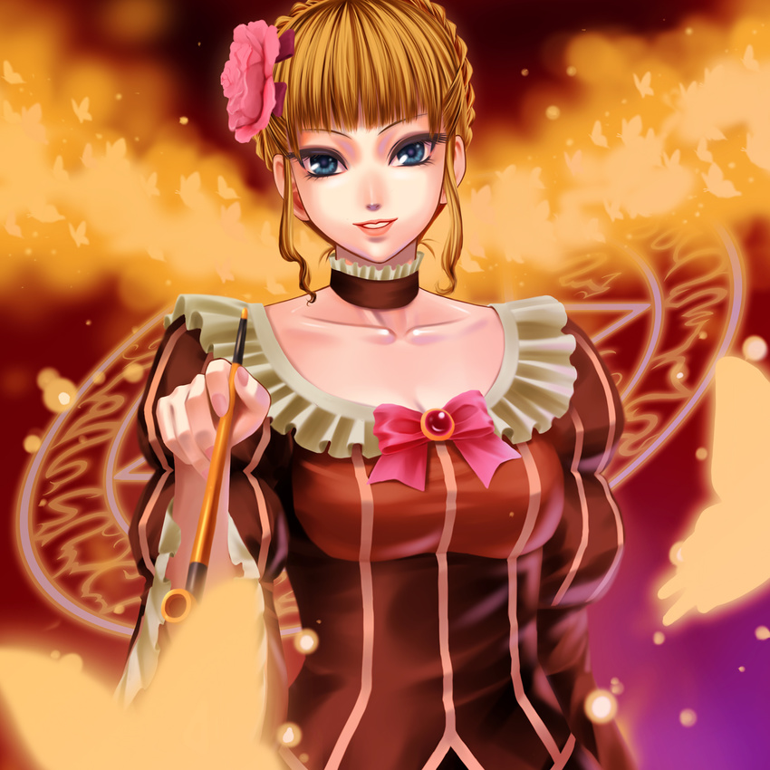 beatrice bow brown_hair bug butterfly flower highres insect kiseru o223 pink_bow pipe rose smile solo umineko_no_naku_koro_ni