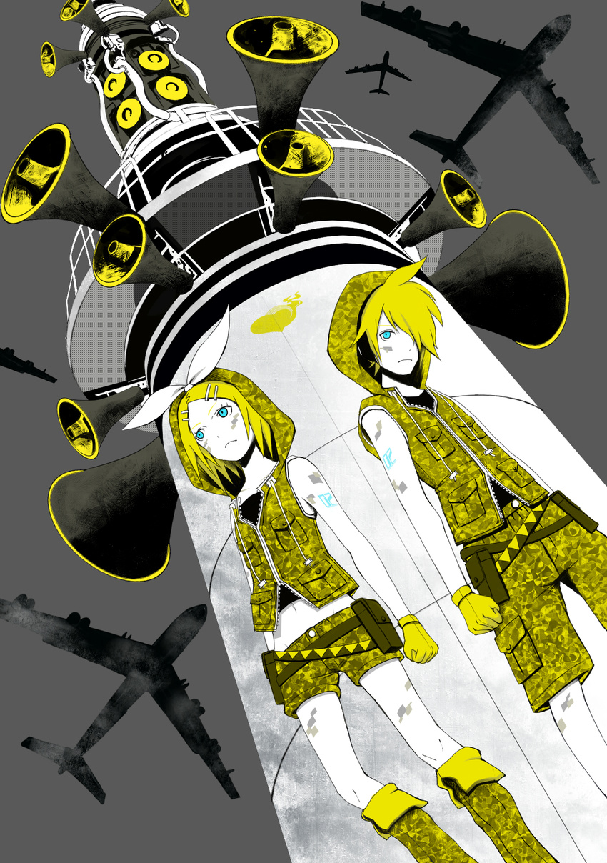 1girl b-52_stratofortress blonde_hair blue_eyes brother_and_sister camouflage highres hood jacket kagamine_len kagamine_rin koi_wa_sensou_(vocaloid) megaphone navel ribbon siblings twins vocaloid yuun