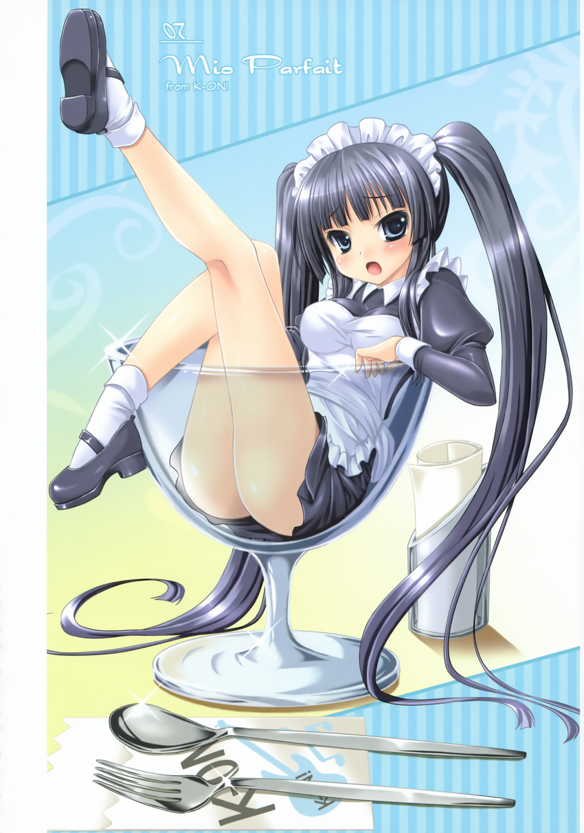 absurdres akiyama_mio alto_seneka black_hair blue_eyes cup fork hands highres in_container in_cup k-on! legs long_hair long_legs mary_janes minigirl open_mouth shoes solo spoon twintails very_long_hair waitress