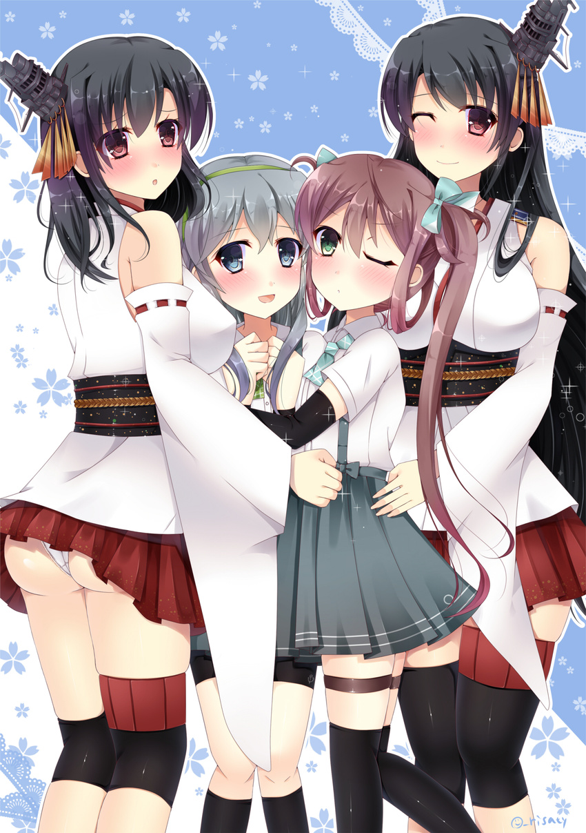 arm_warmers asagumo_(kantai_collection) ascot ass back bike_shorts black_hair black_legwear blue_eyes blush braid breasts brown_hair detached_sleeves dress_shirt fusou_(kantai_collection) girl_sandwich green_eyes hair_ornament hair_ribbon hairband highres japanese_clothes kantai_collection large_breasts long_hair multiple_girls nontraditional_miko open_mouth panties pleated_skirt red_eyes ribbon sakura_umi sandwiched school_uniform shirt short_hair silver_hair single_braid skirt smile suspenders thighhighs twintails underwear white_panties wide_sleeves yamagumo_(kantai_collection) yamashiro_(kantai_collection)