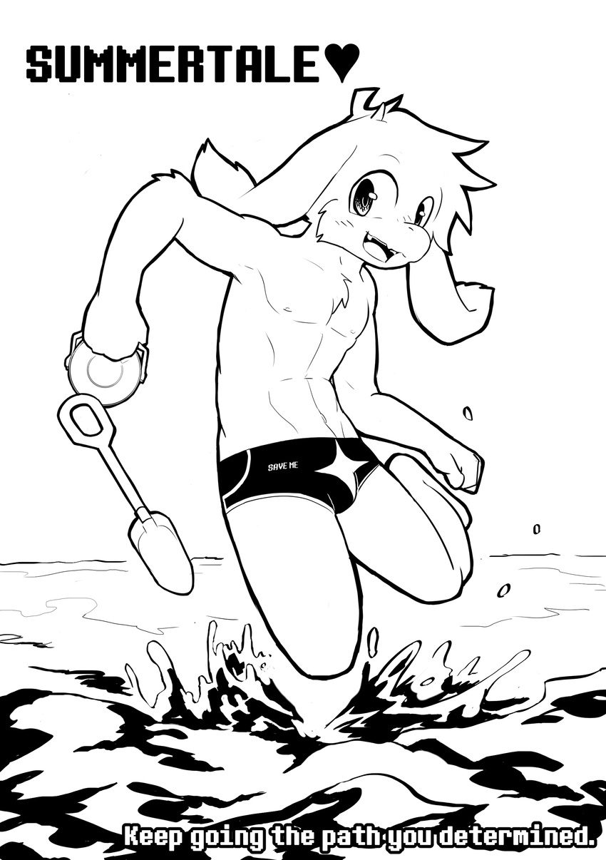 &lt;3 anthro asriel_dreemurr barefoot beach black_and_white bucket bulge caprine clothed clothing english_text front_view goat hi_res jumping looking_at_viewer mammal monochrome seaside smile solo spade speedo swimsuit text topless undertale video_games water whiteleo young