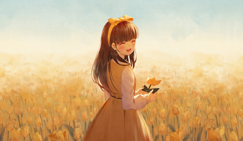 1girl :d ^_^ bangs blue_sky blush bow brown_hair closed_eyes commentary_request copyright_request day dress eyes_closed facing_viewer field flower flower_field hair_bow hairband holding holding_flower ji_dao_ji long_hair long_sleeves open_mouth outdoors shirt sky sleeveless sleeveless_dress smile solo tulip white_shirt yellow_bow yellow_dress yellow_flower yellow_hairband