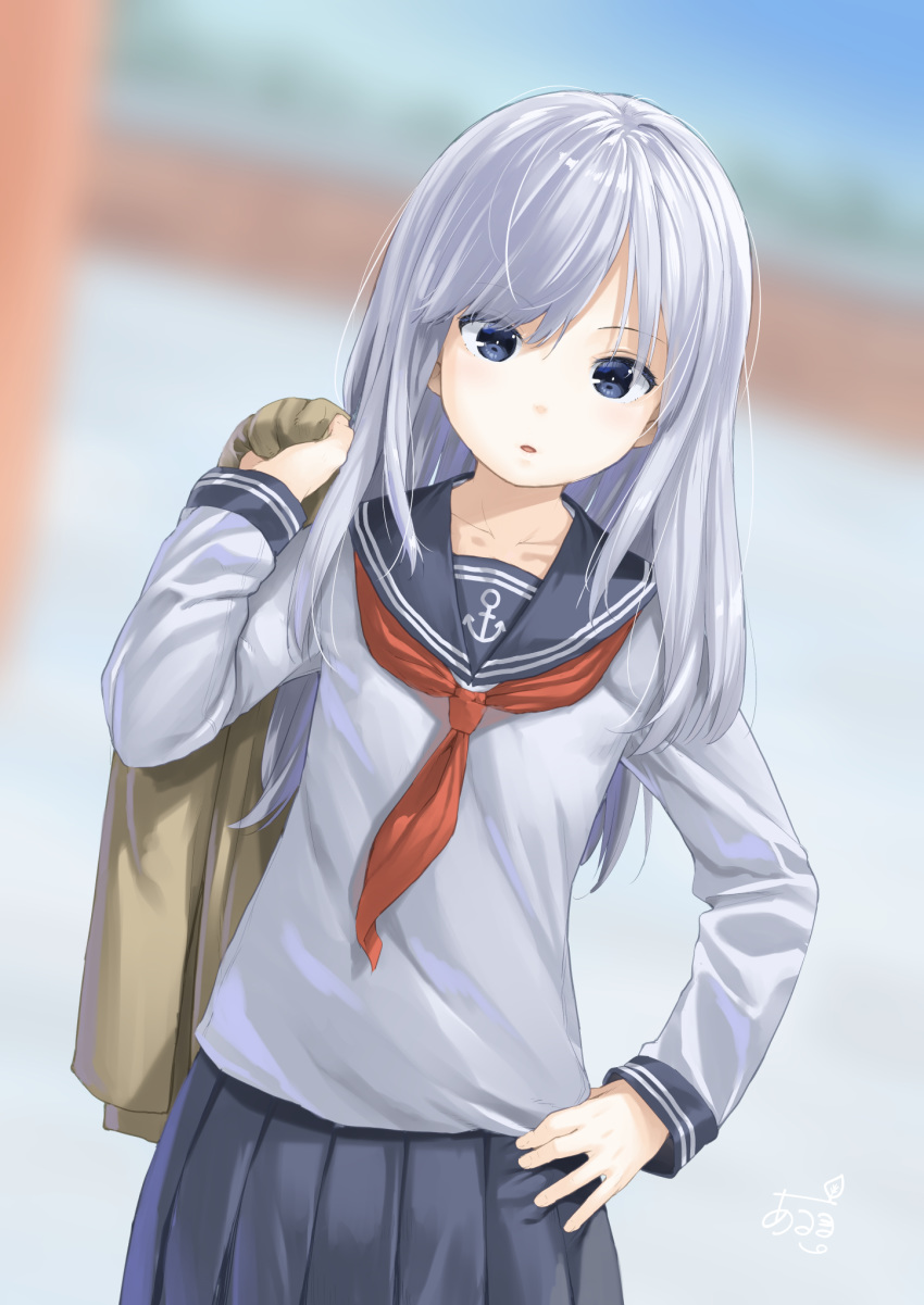 1girl anchor_symbol aruma_(sawayaka_tokuko_miruku) bangs blue_eyes blue_sailor_collar blue_skirt blurry blurry_background brown_jacket collarbone commentary_request depth_of_field eyebrows_visible_through_hair grey_hair grey_shirt hair_between_eyes hand_on_hip hibiki_(kantai_collection) highres holding holding_jacket jacket jacket_removed kantai_collection long_hair long_sleeves neckerchief parted_lips pleated_skirt red_neckwear sailor_collar shirt signature skirt solo very_long_hair