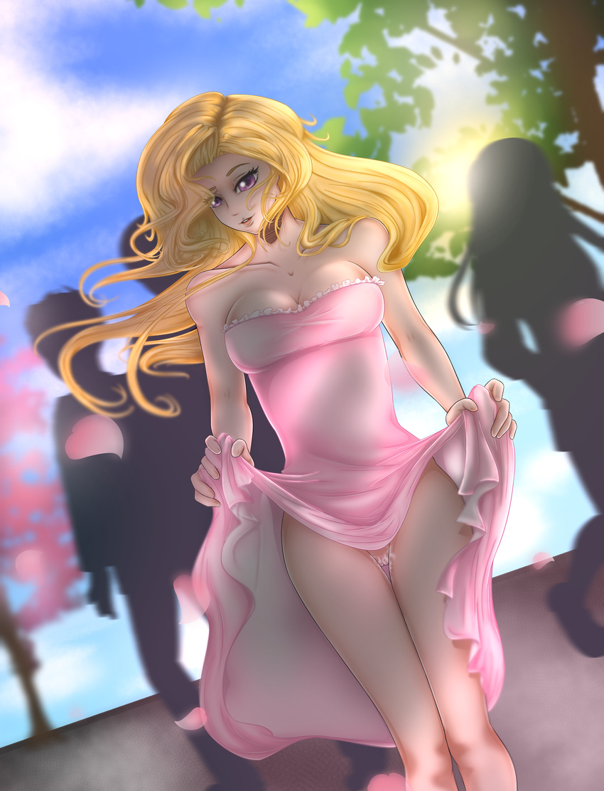 blonde_hair bottomless breasts cleavage clothed clothing clothing_lift detailed_background dress dress_lift exhibitionism female flashing hair human light_skin long_hair looking_at_viewer mammal pink_eyes public pussy pussy_juice sigoogle silhouette skirt skirt_lift tree virgin