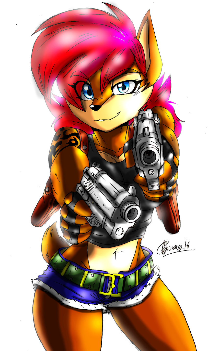 2016 akatsukishiranui-fox anthro big_breasts biped blue_eyes breasts brown_fur chipmunk clothed clothing female fur gun hair hi_res mammal ranged_weapon red_hair rodent sally_acorn solo sonic_(series) tattoo weapon